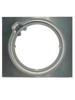 Metallic circular component on a square metal plate with a white background
