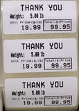 Multiple 'Thank You' labels with product details on a white background
