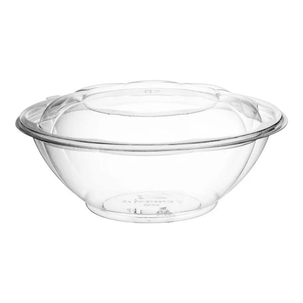 Clear glass mixing bowl with lid on a white background