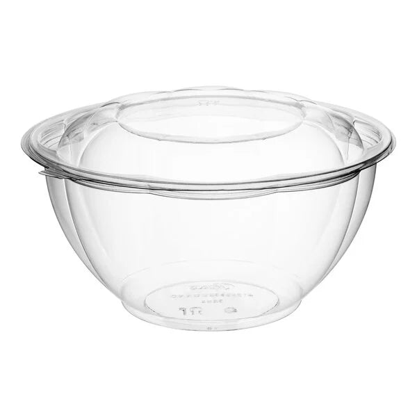 Clear glass mixing bowl with lid on a white background