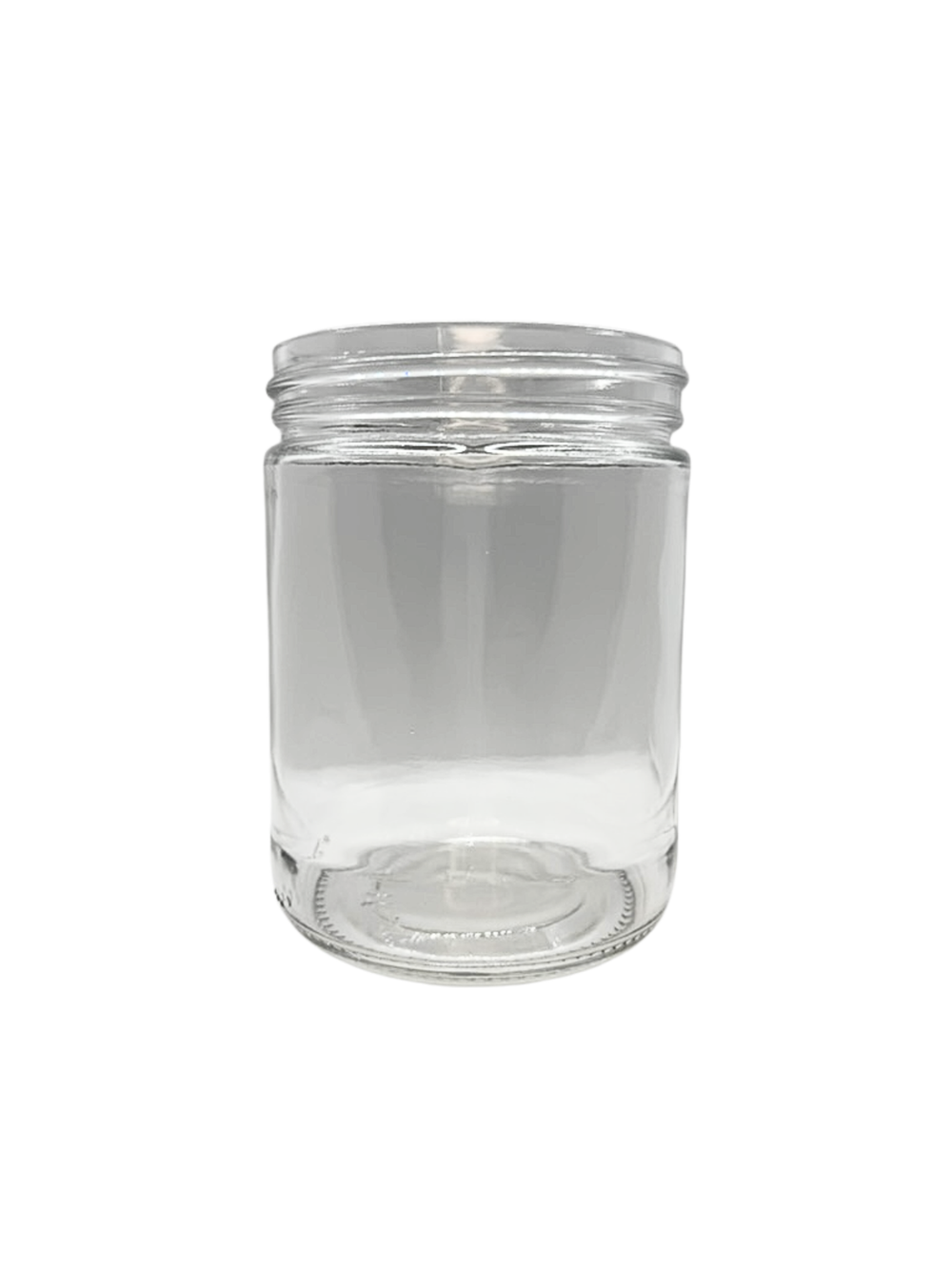 Clear glass jar with a lid on a white background