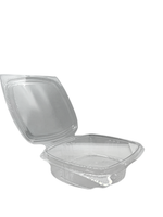 Clear plastic food container with lid on a white background