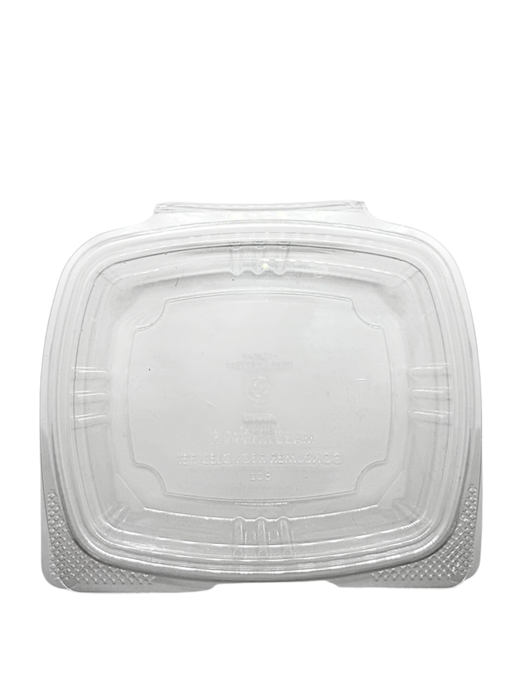Clear plastic container lid on a white background