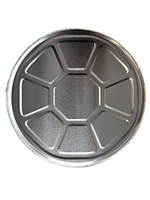 Metallic disc with geometric design on a white background