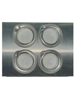 Four circular glass lenses on a metallic surface