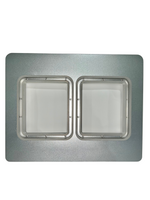 Metallic pet door with two rectangular panels on a white background