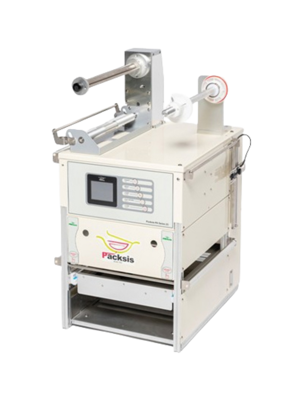 White packaging machine with digital display on a white background