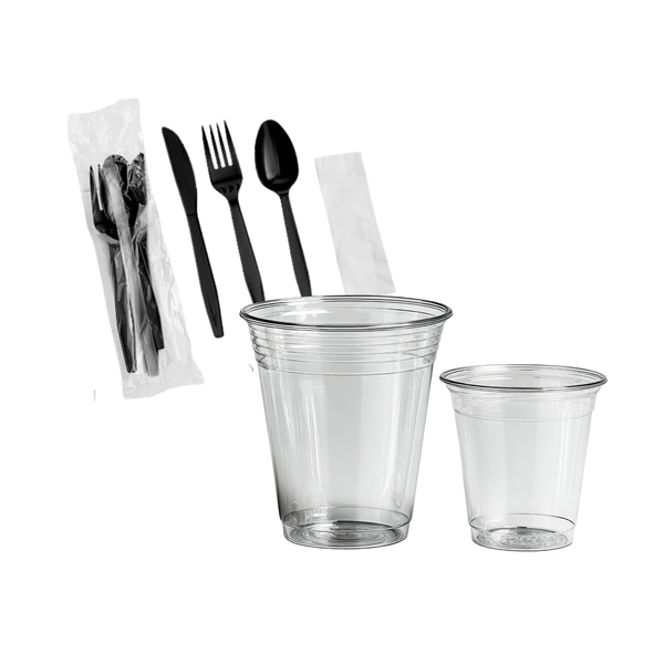Disposable cups portion cups and plastic utensils for restaurant takeout catering and food service operations
