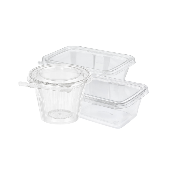 Inline Plastics clear hinged containers for grocery deli prepared foods and retail food packaging
