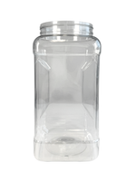 Clear plastic jar with a metal lid on a white background