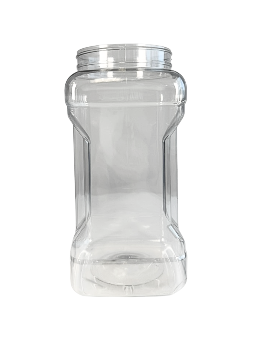 Clear plastic jar with a lid on a white background