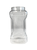 Clear plastic jar with a lid on a white background