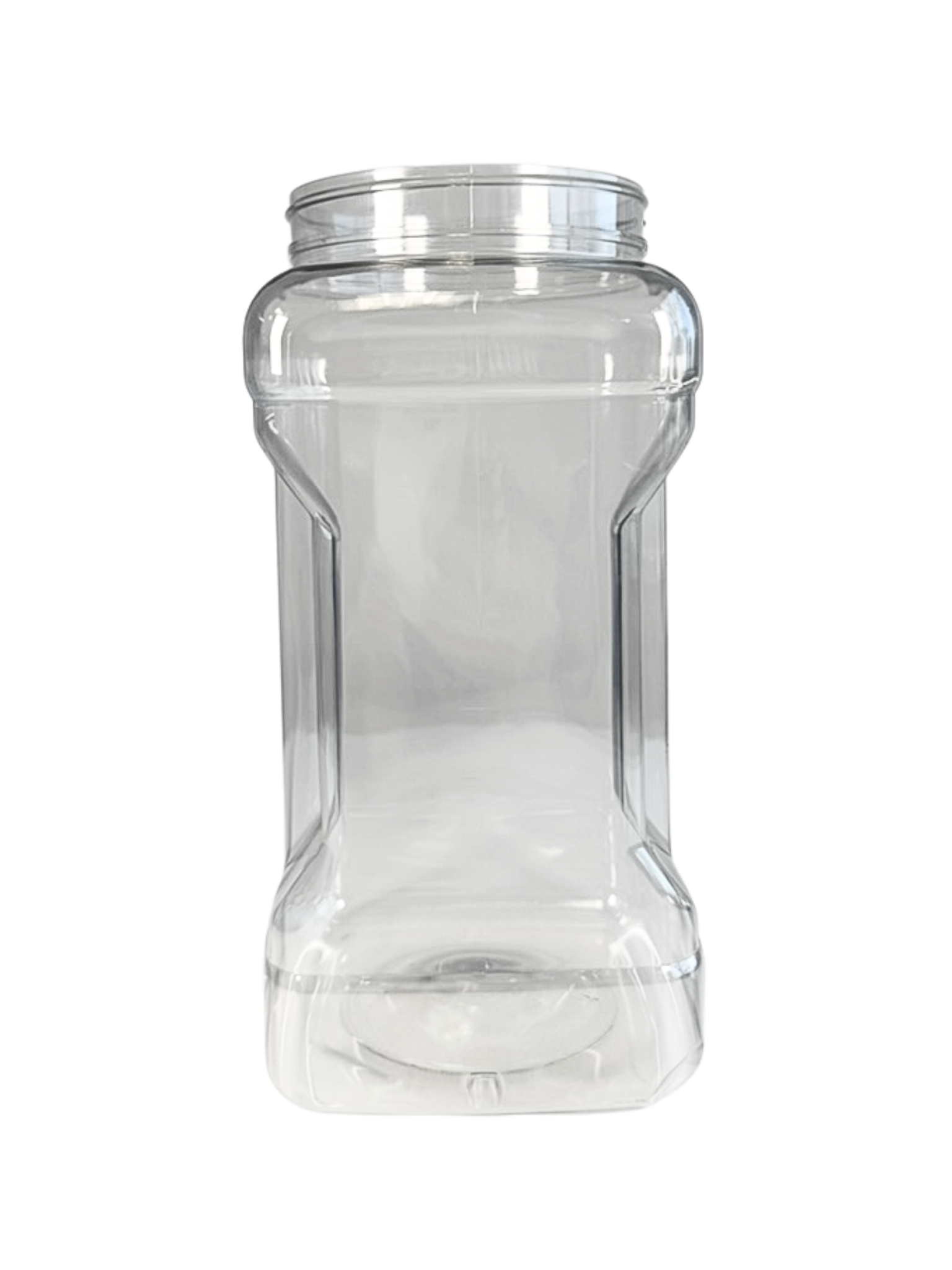 Clear plastic jar with a lid on a white background