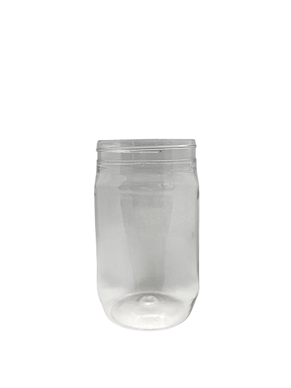Clear plastic jar on a white background