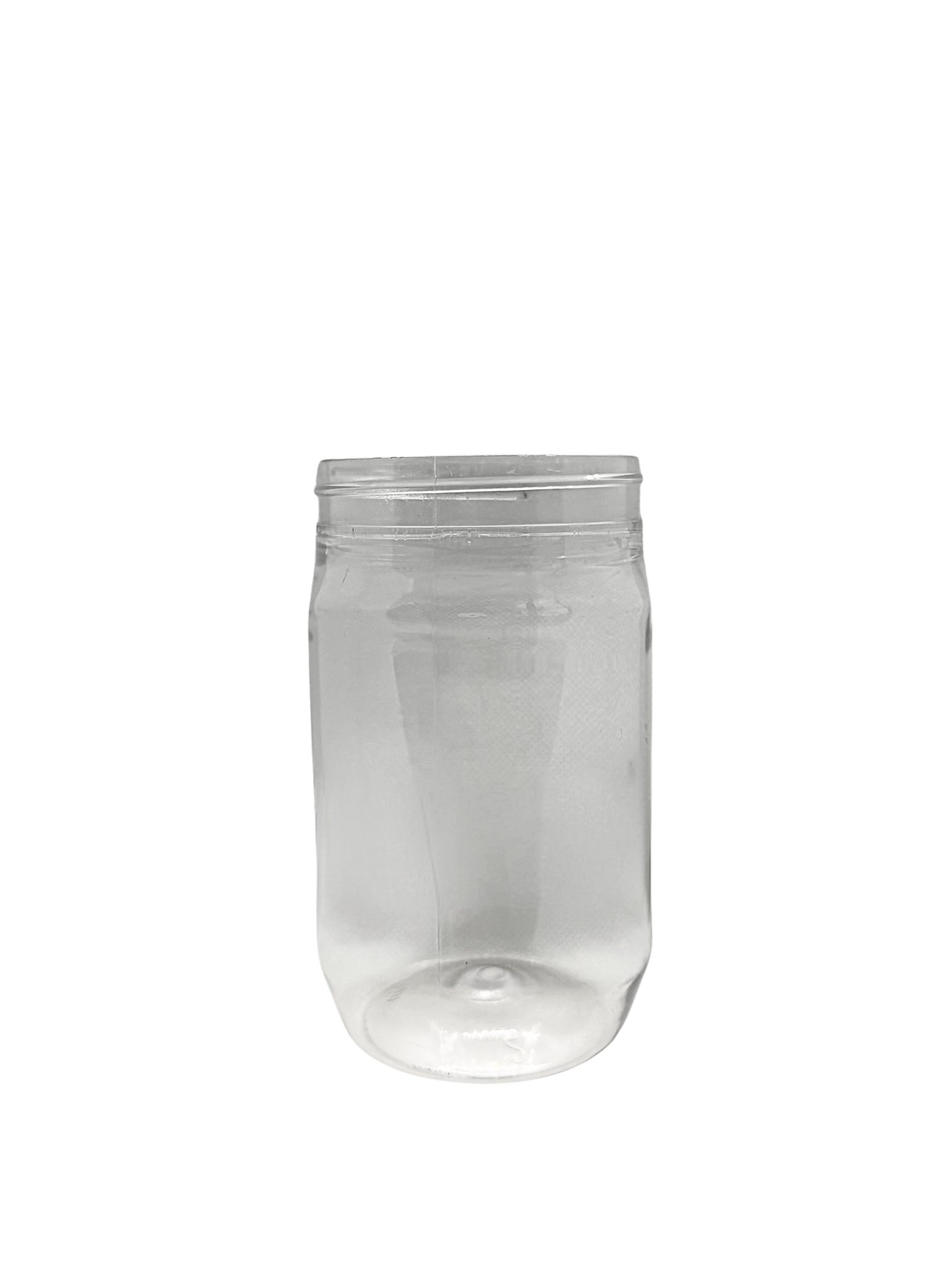Clear plastic jar on a white background