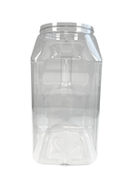 Clear plastic container with a metallic lid on a white background