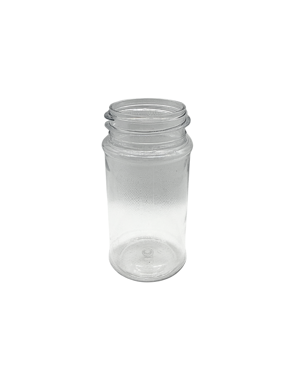 Clear plastic jar on a white background