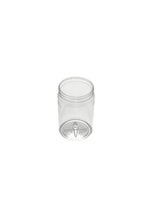Clear plastic jar with a screw cap on a white background