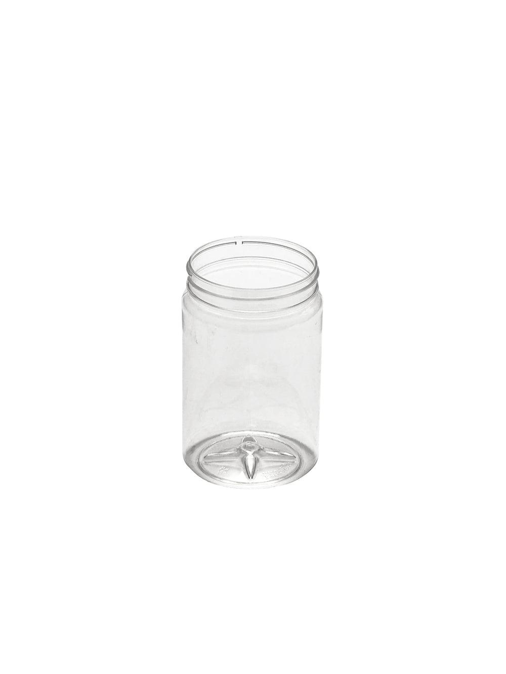Clear plastic jar with a lid on a white background