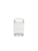 Clear plastic jar with a lid on a white background