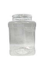 Clear plastic jar with a lid on a white background