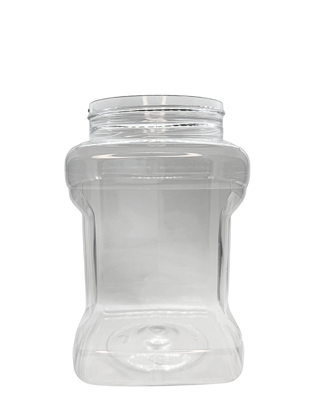 Clear plastic jar with a lid on a white background