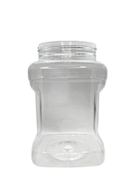 Clear plastic jar with a lid on a white background