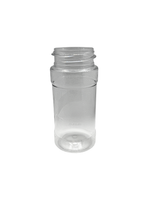 Clear plastic bottle with a screw cap on a white background