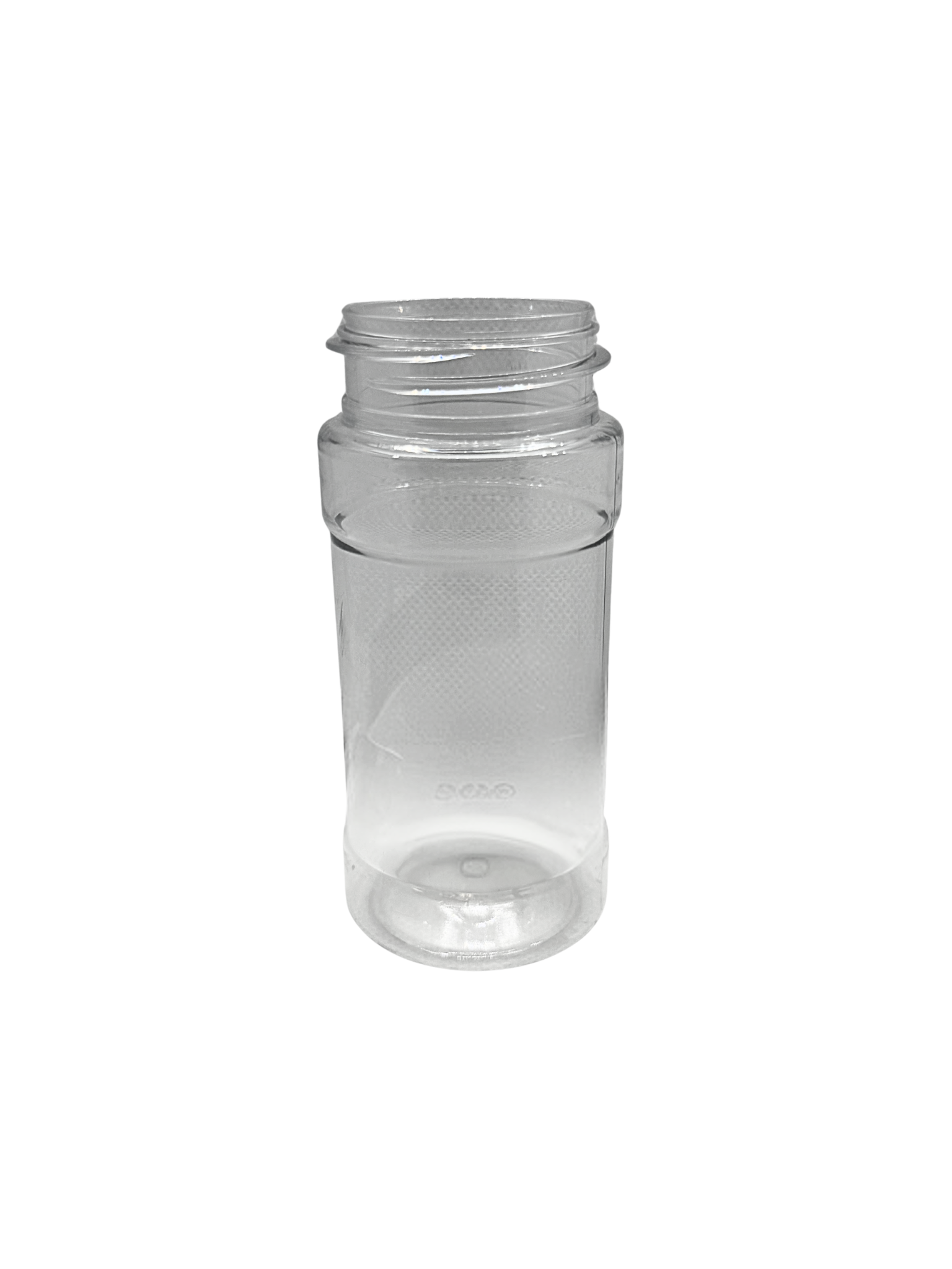Clear plastic bottle with a screw cap on a white background