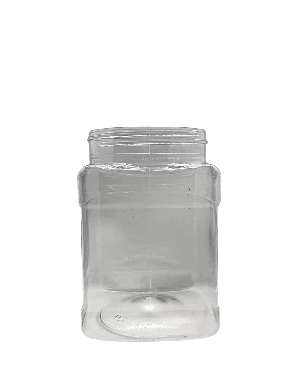Clear plastic jar with a lid on a white background