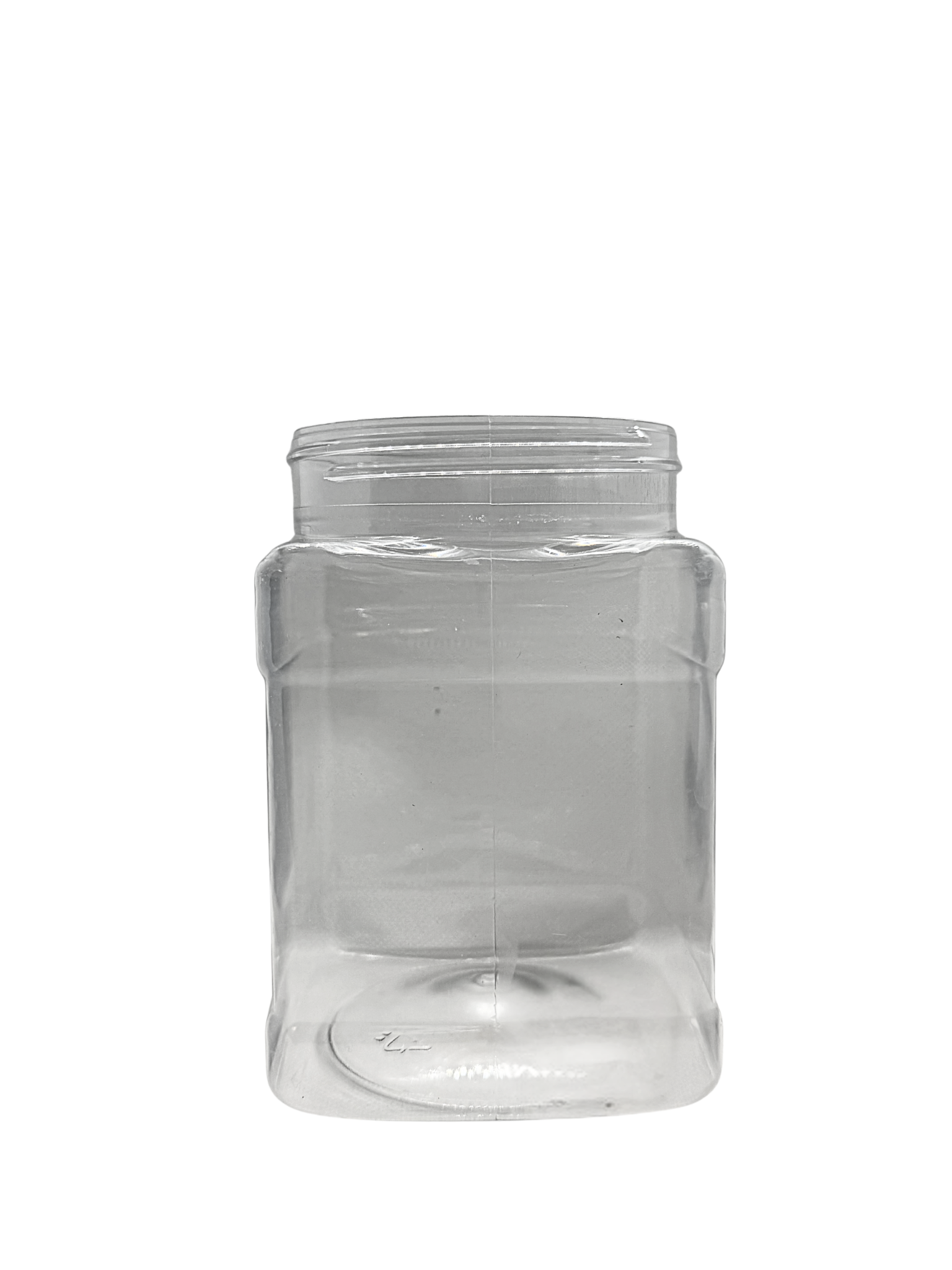 Clear plastic jar with a lid on a white background