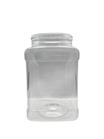 Clear plastic jar with a lid on a white background