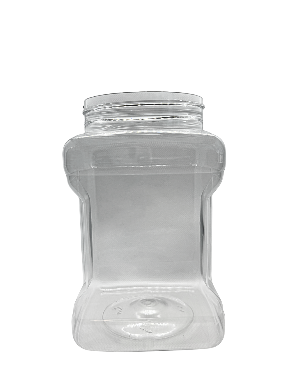 Clear plastic jar with a lid on a white background