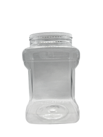 Clear plastic jar with a lid on a white background