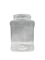 Clear plastic jar with a lid on a white background