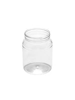Clear plastic jar with a lid on a white background