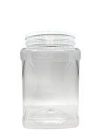 Clear plastic jar with a lid on a white background