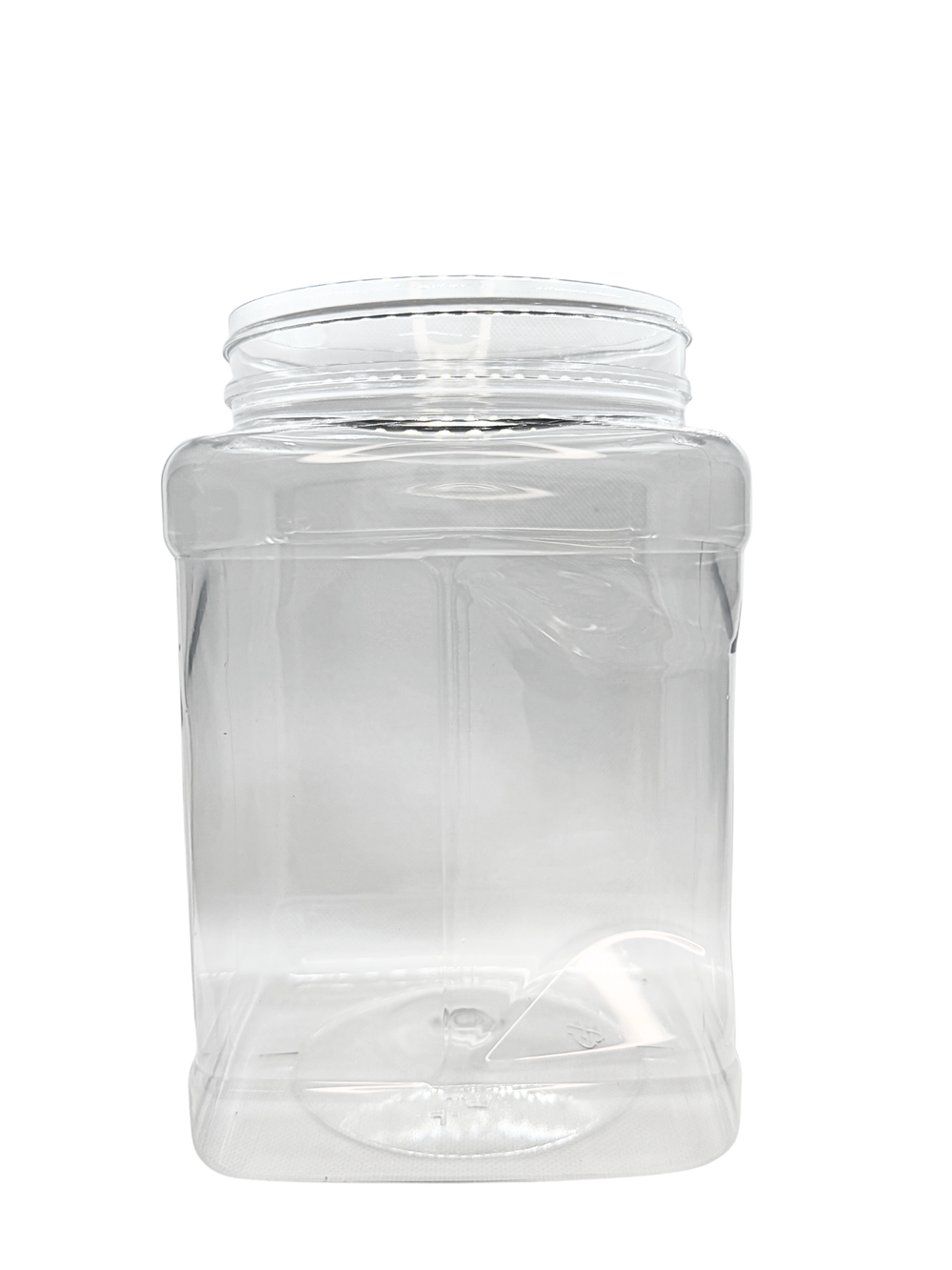 Clear plastic jar with a lid on a white background
