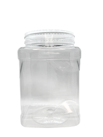 Clear plastic jar with a lid on a white background