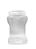Clear plastic jar with a lid on a white background