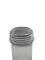 Clear plastic jar with a screw-on lid on a white background