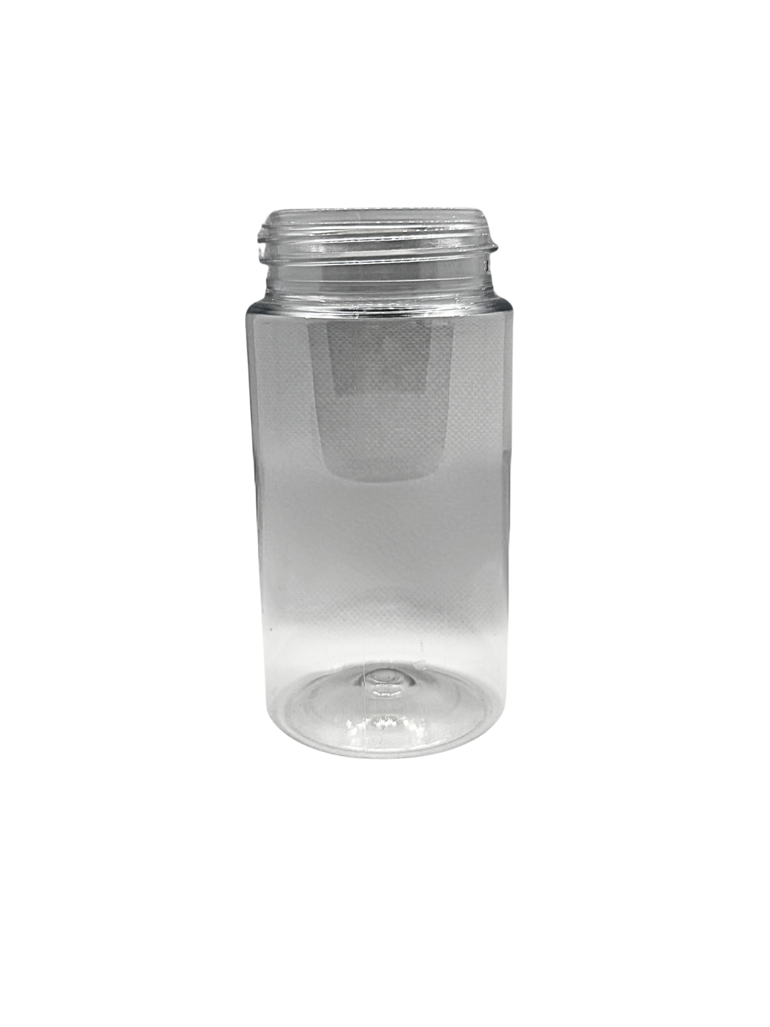 Clear plastic bottle with a metal cap on a white background