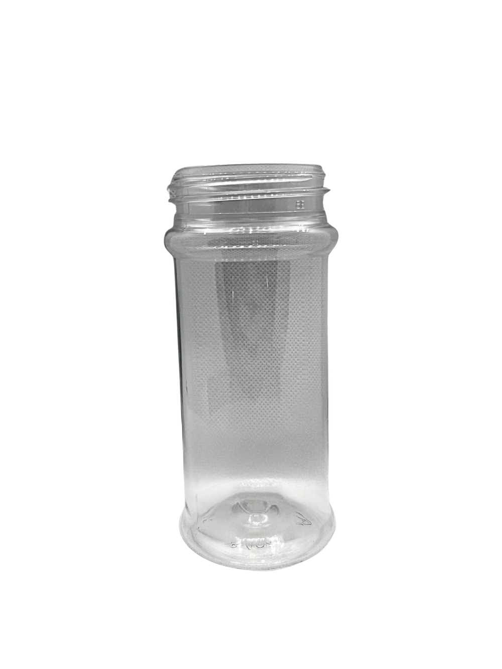 Clear plastic bottle with a metal cap on a white background