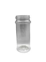 Clear plastic bottle with a metal cap on a white background