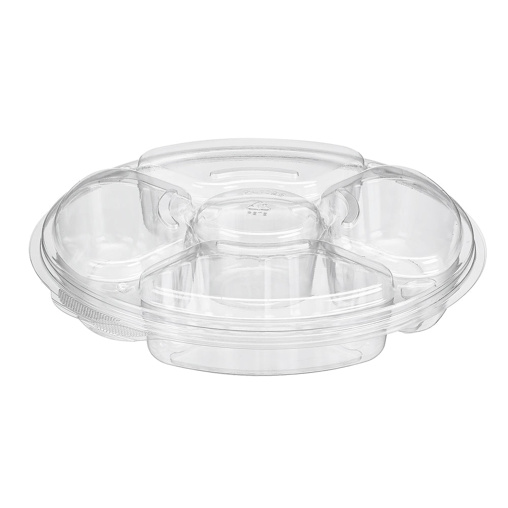 Clear plastic food container with compartments on a white background