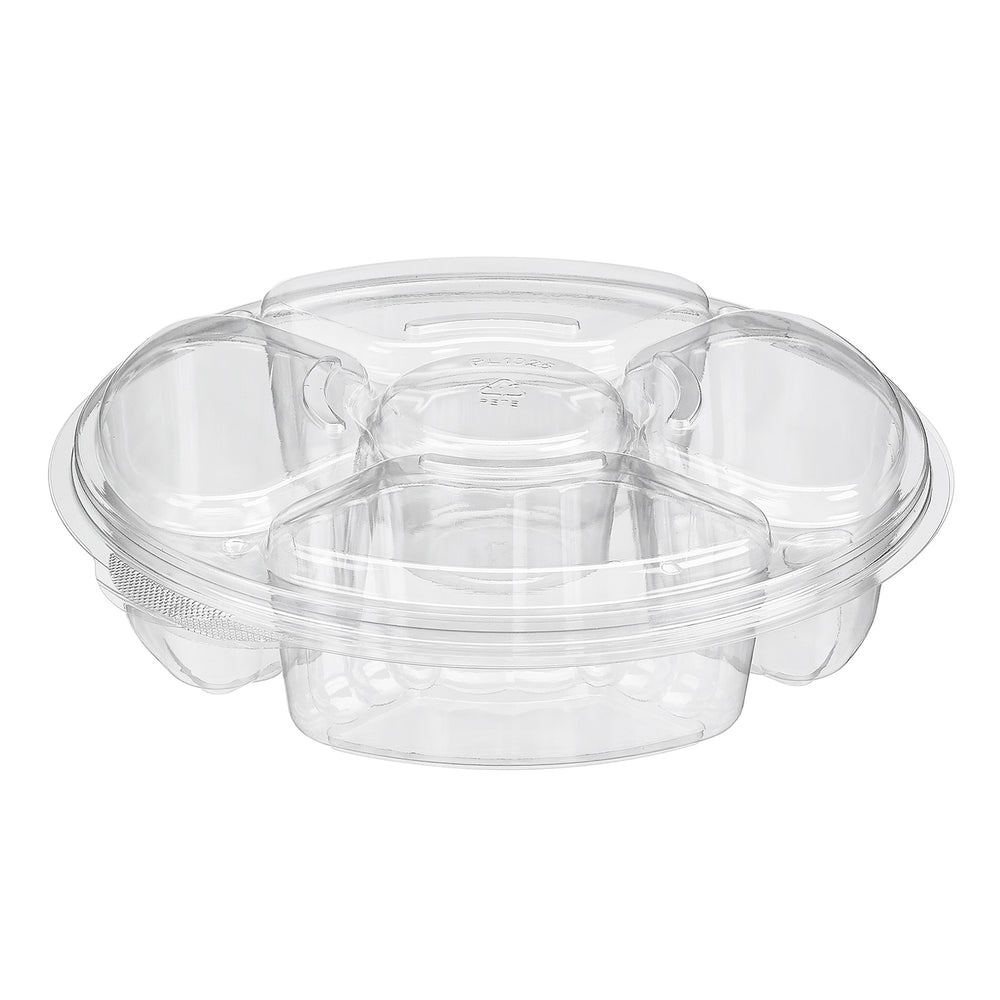 Clear plastic food container with compartments on a white background