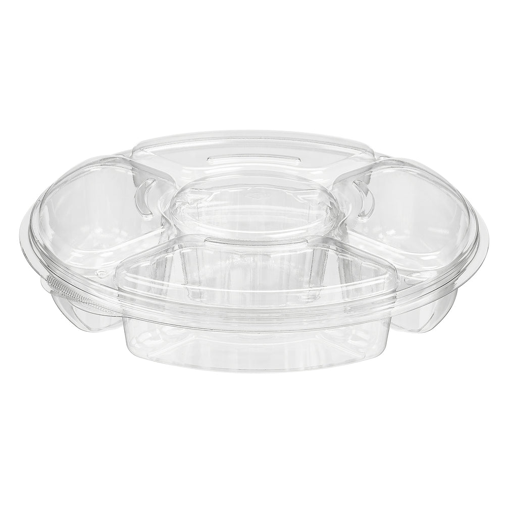 Clear plastic food containers with lids on a white background