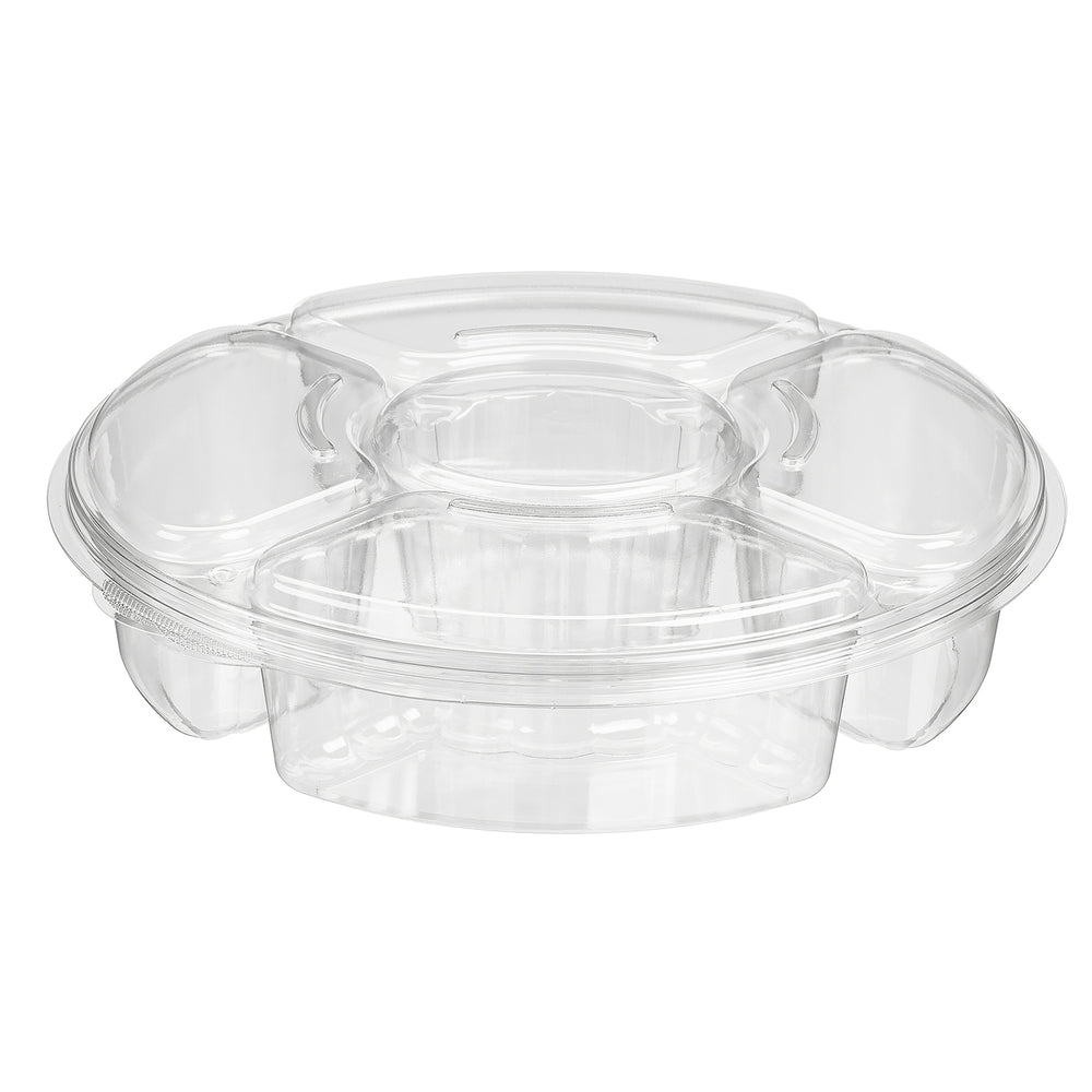 Clear plastic food container with compartments on a white background