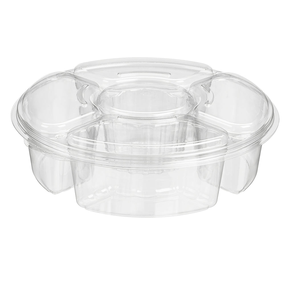 Set of clear plastic food containers with lids on a white background