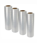 Four rolls of clear plastic wrap on a white background